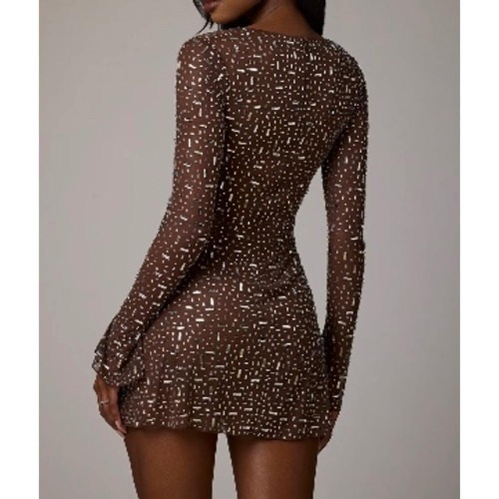 Oh Polly Brown Embellished Mesh Dress Rhinestone Square Neck Long Sleeve US 4 - Picture 2 of 8